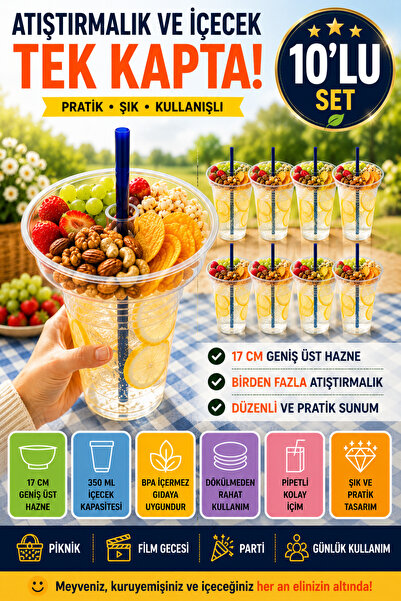 Open Home Concept 10'lu Set Atıştırmalık Hazneli Bardak 350 ml Pipetli PET Pi...