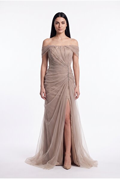 BDM Exclusive Premium Tül Drape Detaylı Straplez Uzun Abiye Elbise