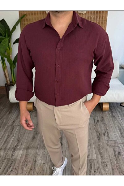 SEFMİR COLLECTION Erkek Müslin Uzun Kolu Oversize bordo Gömlek