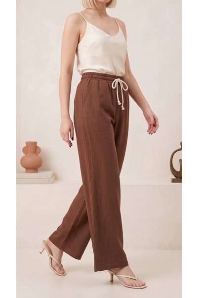 Zenvia Brown Women's Muslin Palazzo Sweatpants High Waist Wide Leg