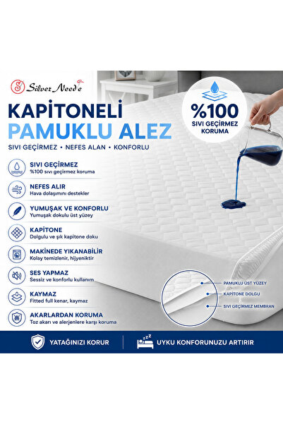 Silver Needle Kapitoneli Pamuklu Sıvı Geçirmez Full Kenar Fitted Yatak Alezi ...