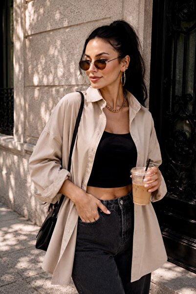bb butik basic Women's Oversize Poplin Shirt Long Sleeve Basic Shirt Tr0735
