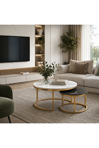 NKX Modern Set of 2 Round Nesting Coffee Tables – Marble-Effect Top with Gold...