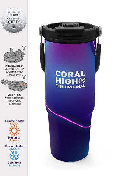 Coral High Renkli Desenli Pipetli ve Direkt İçim Çelik Termos 900 ml 38735