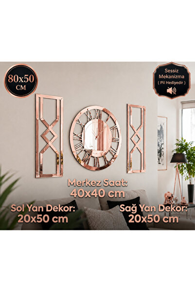 NİSANEST Dekoratif 3'lü Aynalı Duvar Saati Ve Kombin Tablo Seti - Rose Gold P...
