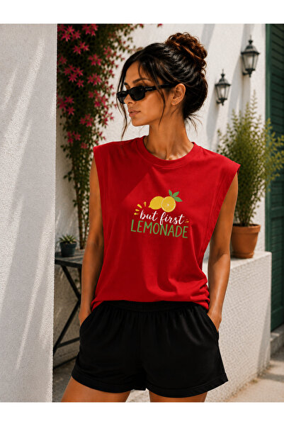 caddekombin Zero Sleeve Lemonade Printed Cotton Combed Crew Neck T-Shirt