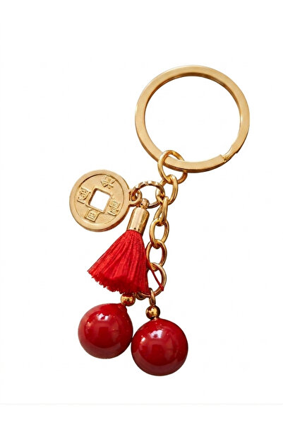 PİRAMİGO Original Design Glass Cherry Keychain Abundance Blessings Themed Feng Shui Chinese Luck Coin with Tassel Auspicious Bag Accessory