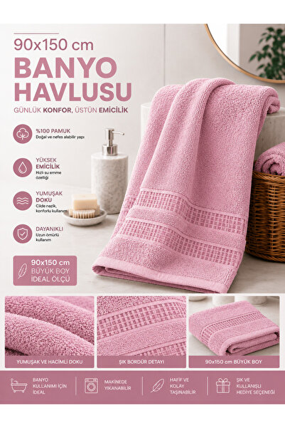 nnevora Açık Pembe 90x150 cm Banyo Havlusu %100 Pamuk Yumuşak Dokulu Yüksek E...