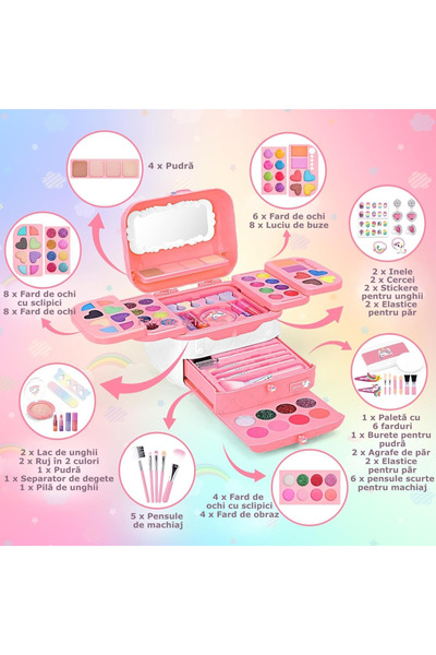 Simply Joy Set de machiaj pentru fete Simply Joy, 80 de piese, trusă de înfrumusețare, pentru joacă, lavabil, cutie cosmetică reală pentru fete, jucării de machiaj pentru fete cu vârste de 3, 4, 5, 6, 7, 8, 9, 10 ani.