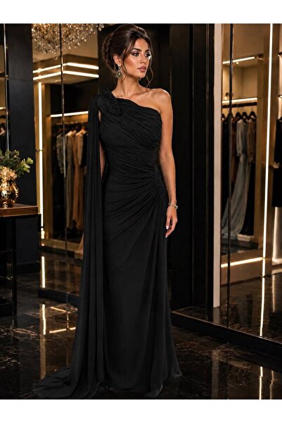 FOR COSTUME Tek Omuz Drapeli Uzun Abiye Elbise 10746