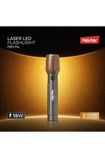 fujistar مصباح يدوي قابل للتكبير بقوة 15 واط مع ليزر أبيض LED - موديل FSFL716 - مقاوم للماء IPX5، بطارية 18650، سعة 1500 مللي أمبير في الساعة