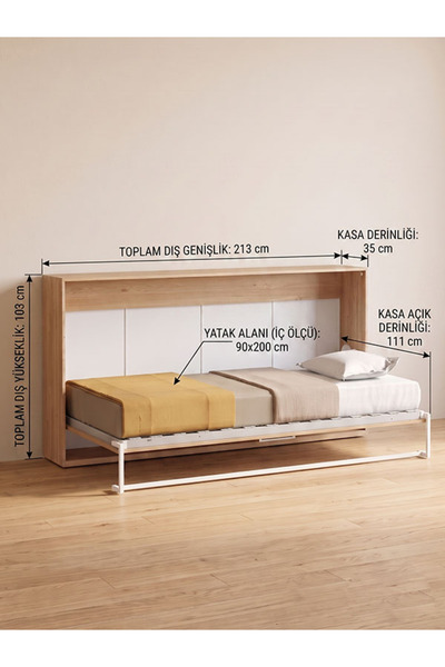 Multimo Yatay Açılır Duvar Yatağı 90x200 cm Açık Meşe Katlanır Akıllı Mobilya