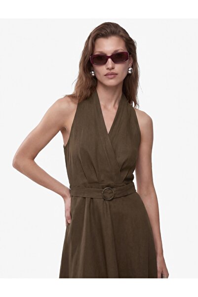 Koton Belt Detailed Flared Double Breasted Collar Sleeveless Linen Blend Midi Dress