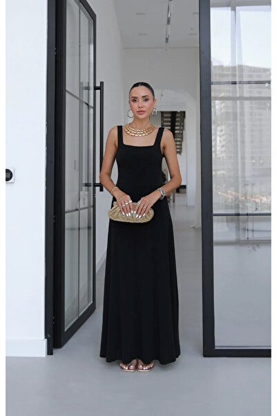 MareandCo Black Thick Strap Square Neck Maxi Dress