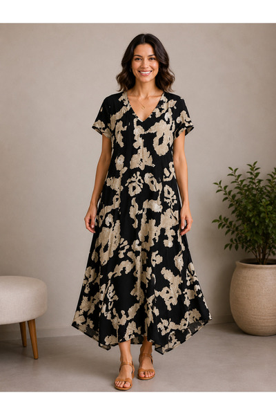 Sibel Günay Butik Black Picasso Patterned 120 cm Cotton Viscose Straight Cut ...