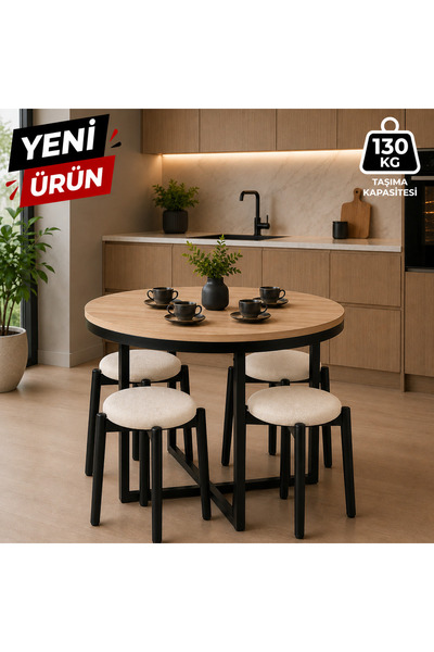 EDMONDA EV AKSESUAR ATLAS YUVARLAK 90 CM PUFLU 4 KİŞİLİK MASA TAKIMI BALKON M...