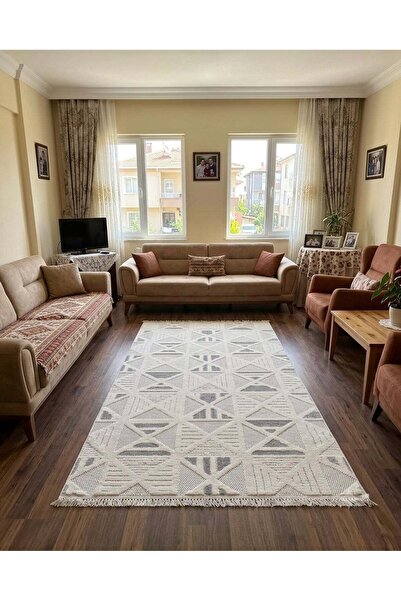 MyDecoRoom Mahal Beyaz Gri Üçgen Geometrik Desenli Saçaklı Salon Halısı - Rob...