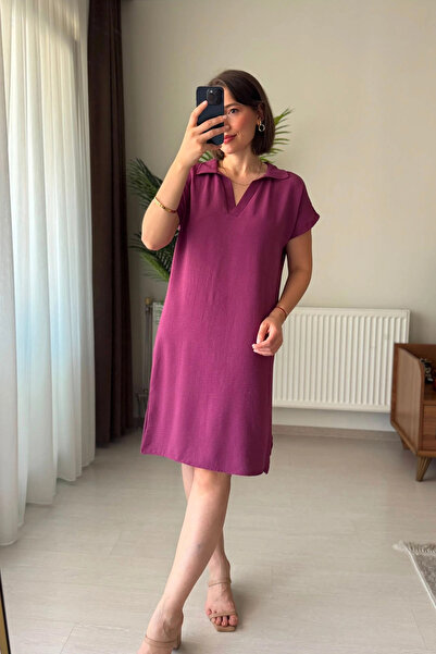 Kubos Moda Polo Collar Relaxed Fit Short Sleeve Flowy Plum Dress