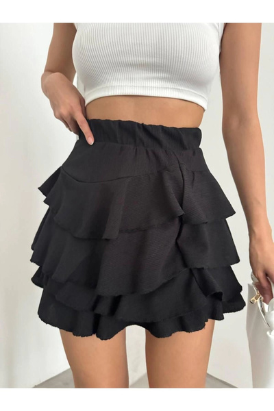 MetuCA Women's High Waist Elastic Waist Layered Ruffle Seersucker Mini Skirt ...