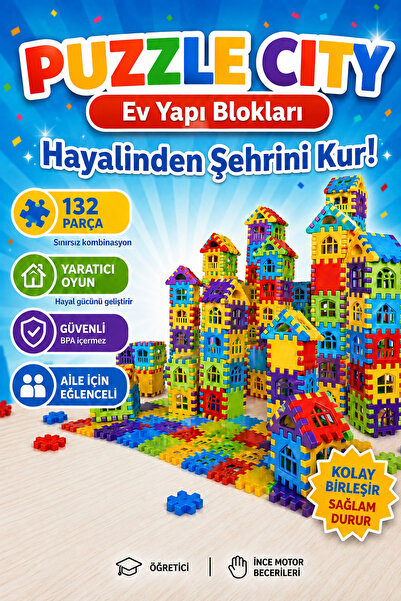 PLASTMARKET Puzzle City 3d Şehir Kurma Blokları - Eğitici Ev Yapı Blokları Oy...
