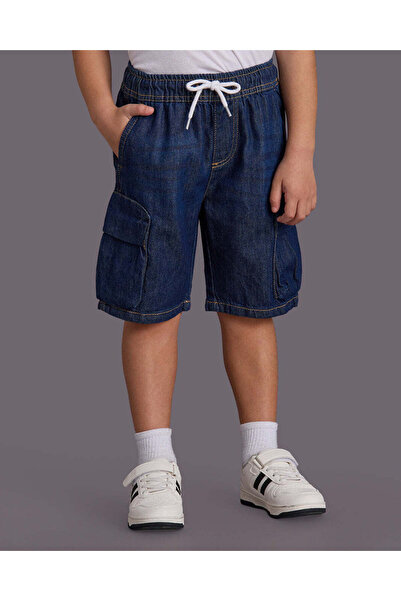 REDTAG Boys Blue Denim Cargo Shorts With Elasticated Waistband