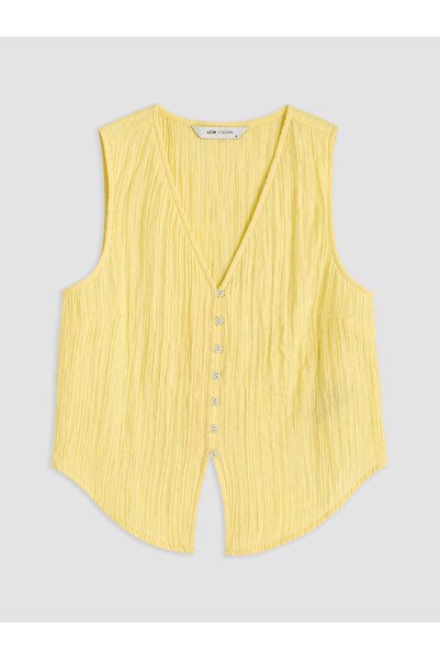LC Waikiki Lcw Vision Yellow V-Neck Buttoned Textured Muslin Blouse