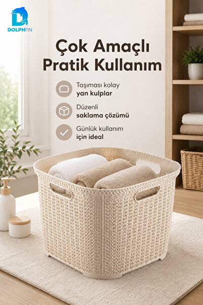DolphFin Örgü Kare Sele Sepet 42x42x32 cm Çamaşır Oyuncak Saklama Taşıma Çok ...