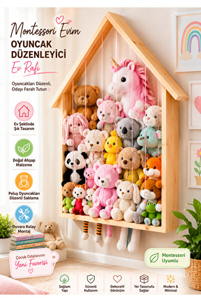 Genel Markalar Montessori Peluş Oyuncak Saklama Rafı 80 x 60 Ahşap Düzenleyici
