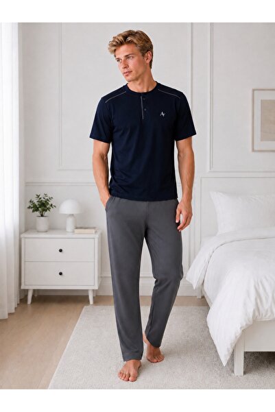 AYSUN TEKSTİL Men's Large Size Short-Sleeved Pajama Set with Buttoned Collar,...