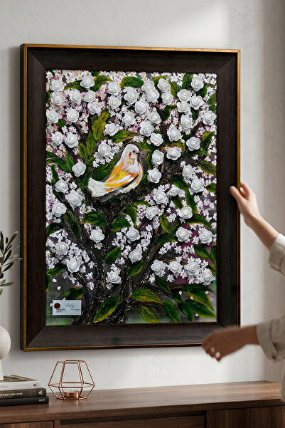 tokyo sanat Kuş ve Beyaz Gül Ağacı Yağlı Boya Tablo (Çerçeve Dahil)