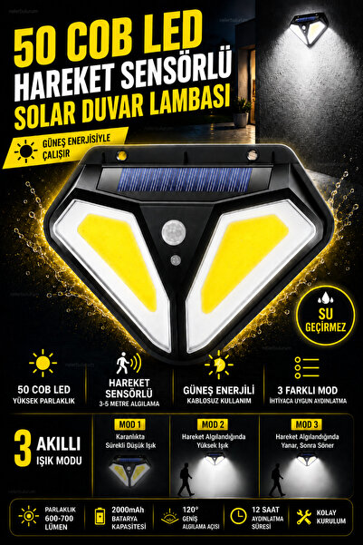 nelerbulurum 50 COB LED Hareket Sensörlü Solar Duvar Lambası 3 Modlu Su Geçir...