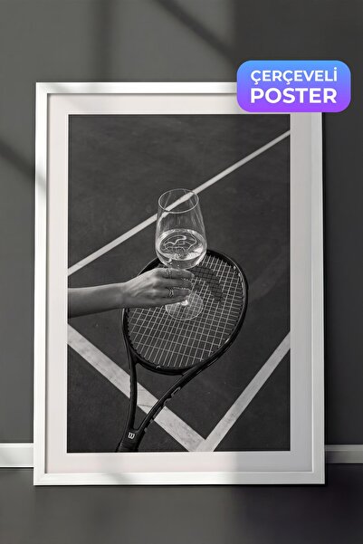 Postifull Tennis Racket and Wine Glass Poster, White Framed Poster, Old Money...