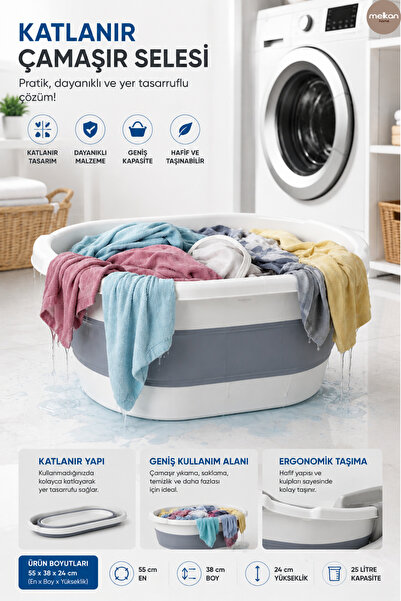 Melkan Home Katlanır Çamaşır Selesi 25 Litre – Katlanabilir Çok Amaçlı Çamaşı...