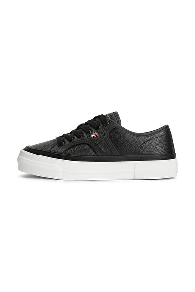 Tommy Hilfiger Kadın Bağcıklı Rahat Taban Logo Detaylı Deri Günlük Siyah Sneaker