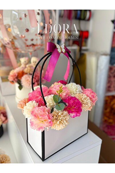 Edora Design Emel Hanım Tasarım Yapay Çiçek Çantası Siyah Çerçeveli Beyaz | Ç...