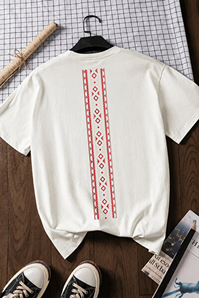 Spoyi Bohemian Stripe Design 100% Cotton Half Oversize White T-Shirt