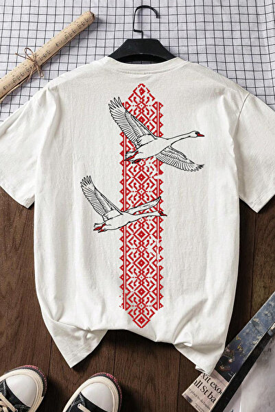 Spoyi Crvena majica sa dizajnom ptice iz nasleđa, 100% pamuk, polu-oversize, ...