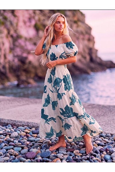 Flubutik Women's Woven Watermelon Sleeve Long Dress Green Floral