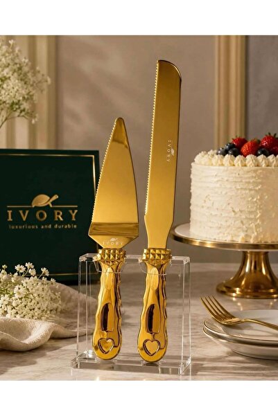 chakran store Paslanmaz Çelik Gold 2li Pasta Spatula ve Servis Sunum Bıçağı