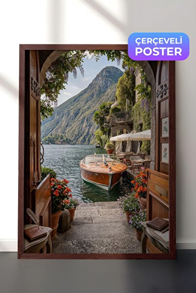 Postifull Göl ve Tekne Posteri, Kahverengi Çerçeveli Poster, Old Money Serisi...
