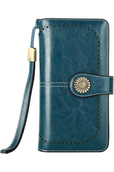 Ofrdncy Oil Wax Leather Wallet for Women Clutch with Strap 24 Card Slots 2 ID...