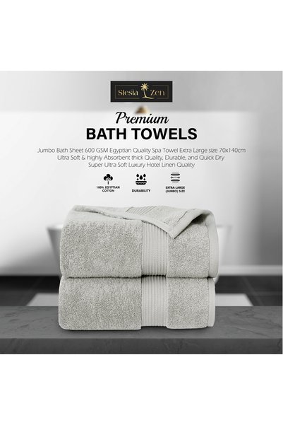 Siesta Zen Premium 100% Egyptian Cotton Bath Towel 70x140cm, Super Soft & Absorbent Towels, 600 GSM, Luxury Spa Hotel Quality, Quick Dry, Fade Resistant (Pack of 2)