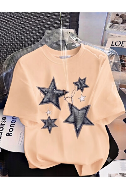 KOZAİ OUTDOORS Women's Oversize Crew Neck / Chain 4 Star Printed Combed Cotto...