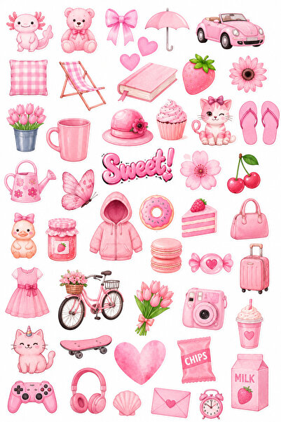 P&B COLLECTION WORKSHOP 48 Adet Pembe Temalı Sticker Seti - Suya Dayanıklı La...