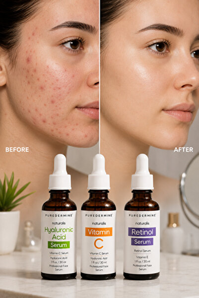 Puredermine Hyaluronic Acid + Vitamin C + Retinol Serum 3'lü Set – Leke Görün...