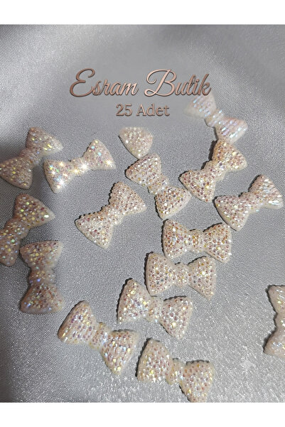 Esram Butik Beyaz Taşlı Papyon Süsleme Malzemesi 25 Adet- Çanta, Kıyafet, Taç...