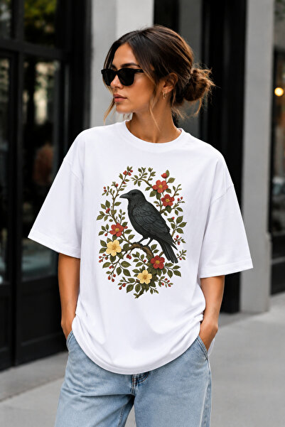 Impress Raven and Flower Pattern Oversized T-Shirt, Very Wide Fit Loose Cut 1...
