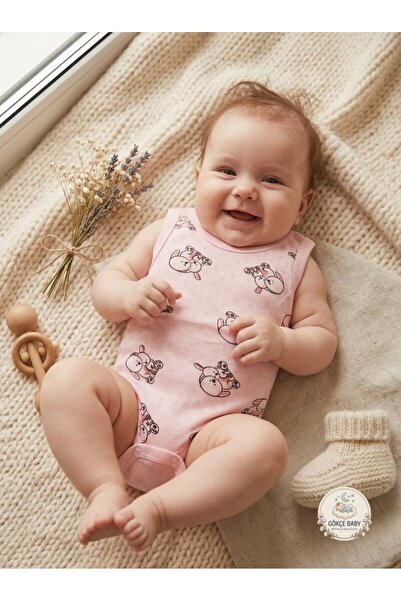 Gökçe Baby Baby Pink Rabbit Patterned 100% Cotton Openwork Strap Bodysuit / Body