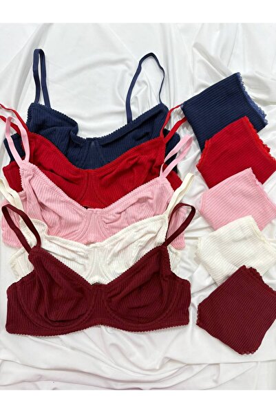 İNKO İÇ GİYİM Plus Size 5-Piece Colorful Set Camisole Cotton Bra & Thong Set