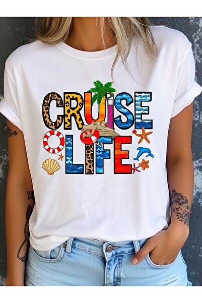 BASEPULSE قميص أبيض من وو بتصميم مطبوع عليه Cruise Life، رقبة دائرية، قماش نا...
